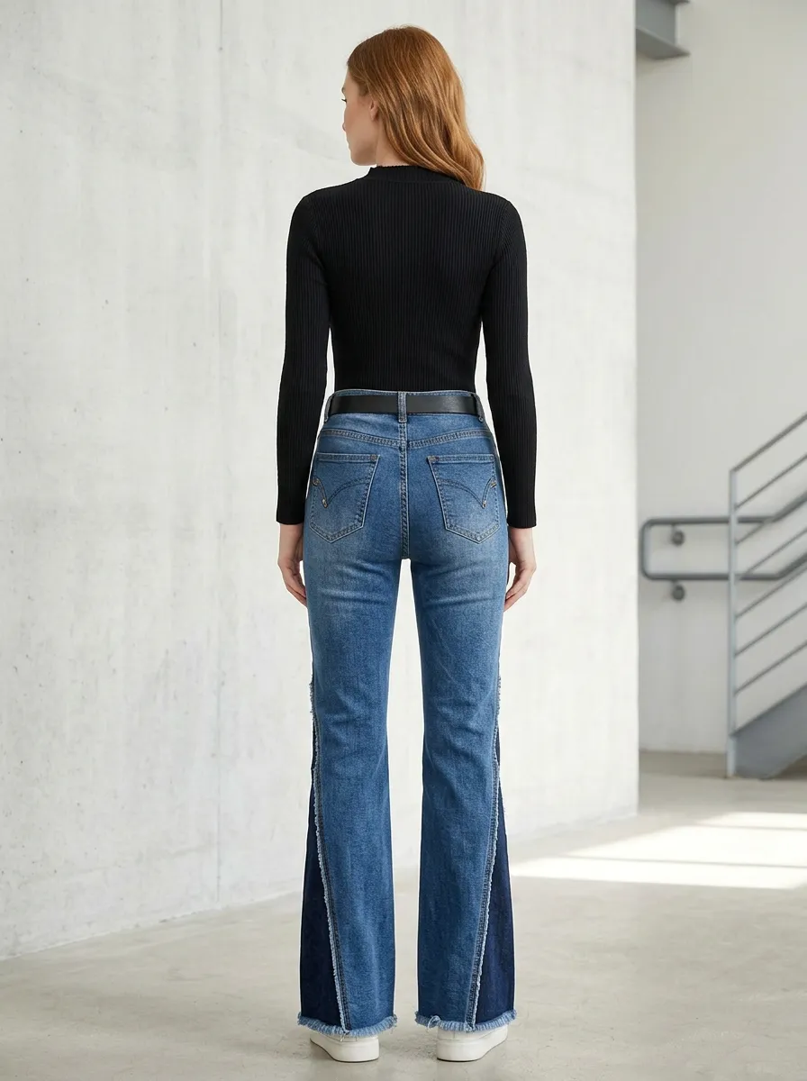 Women's Paisley Embroidered Colorblock Raw Hem Flared Jeans