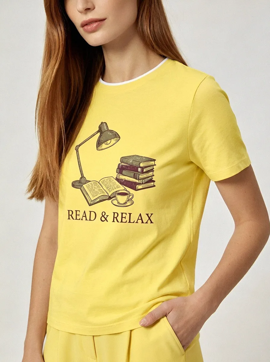 Women's Book Lover Read & Relax Books Lamp Printed T-shirt