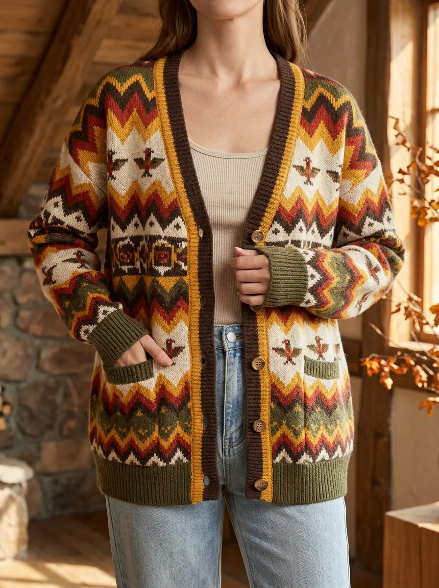 Women's Boho Aztec Bird Pattern Printed Cardigan