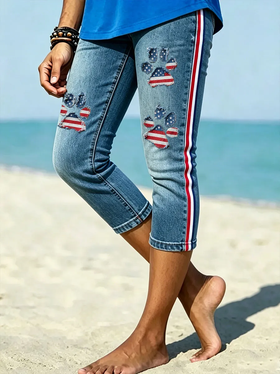 Women's American Paw Print Denim Pattern Leggings