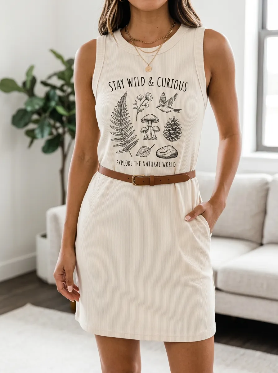 Women's Nature Lover Mushroom Fern Bird Printed Tank Dress