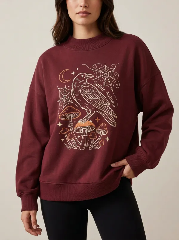 Women's Halloween Gothic Raven Mushroom Printed Sweatshirt
