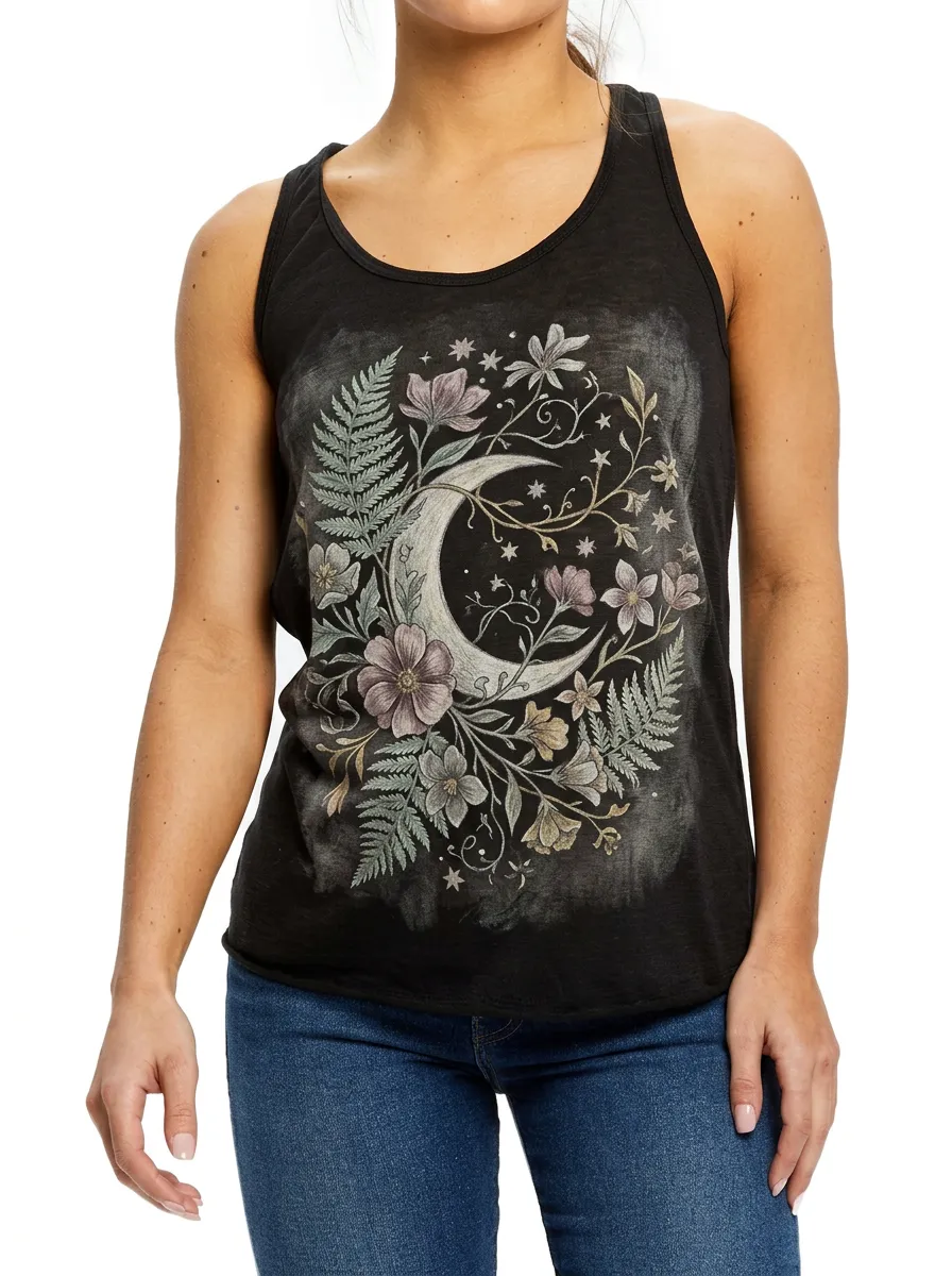 Women's Celestial Floral Moon Fern Printed Tank Top