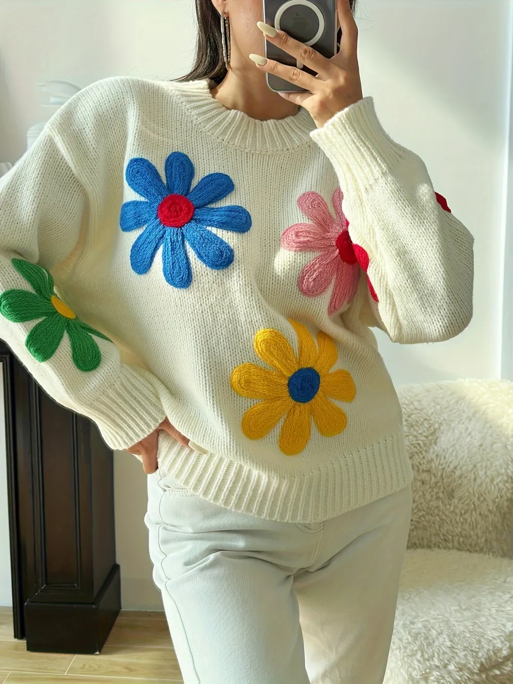 Floral Pattern Crew Neck Pullover Sweater Casual