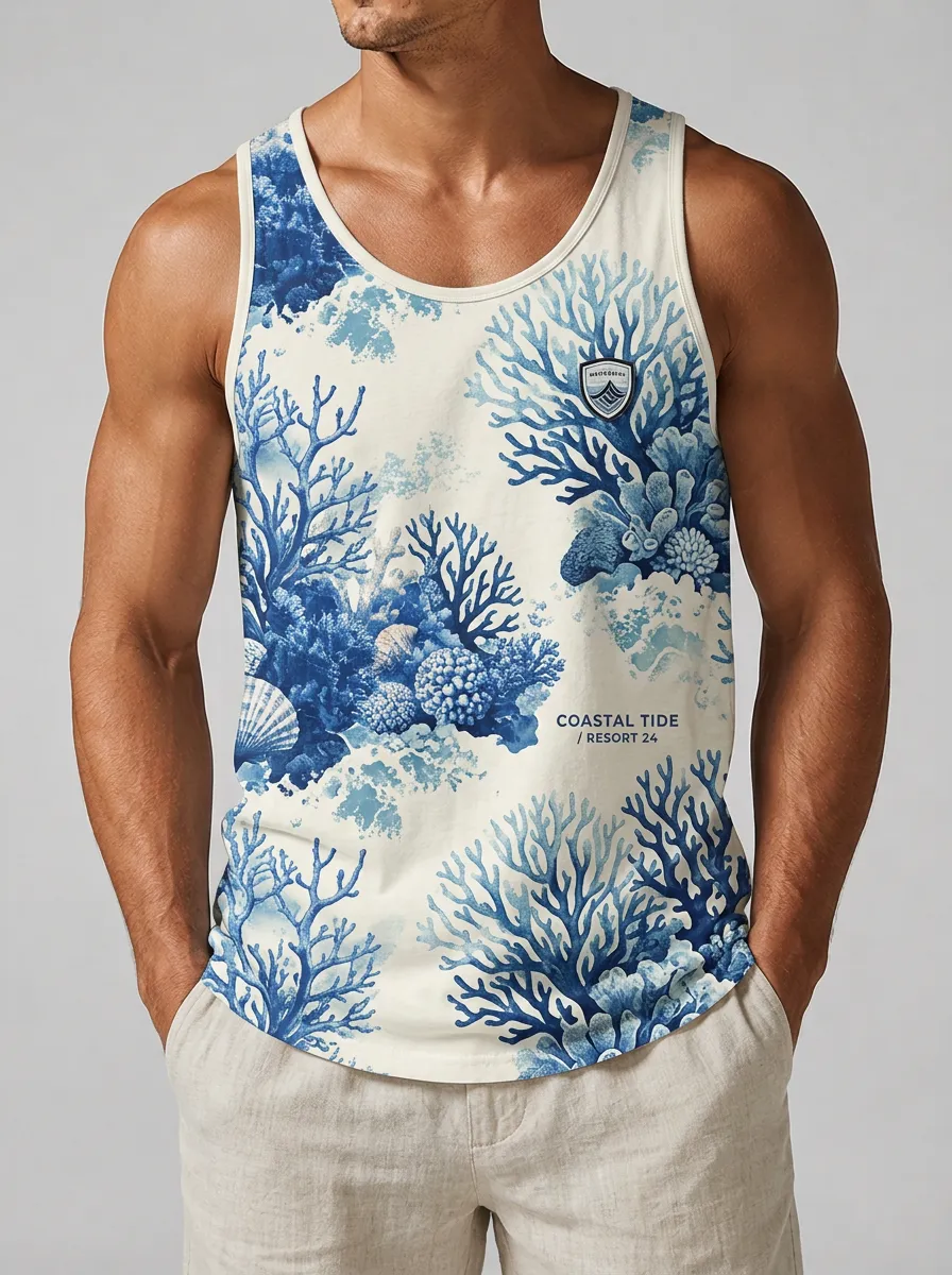 Men's Coastal Beach Lover Blue Coral Reef Printed Tank Top