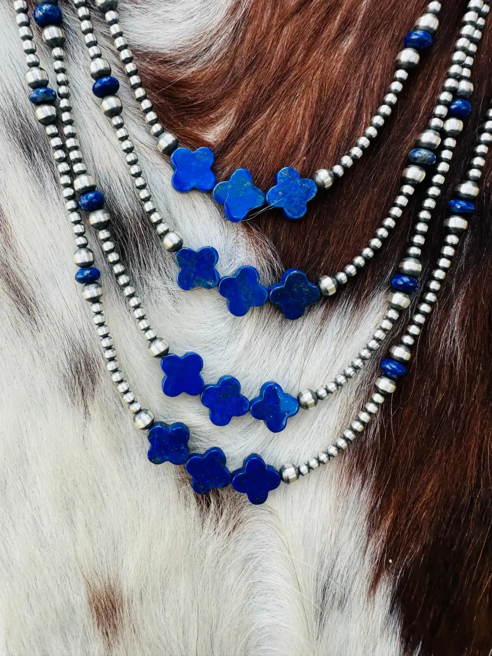 Cross Beaded Pearl Lapis Sterling Silver Necklace