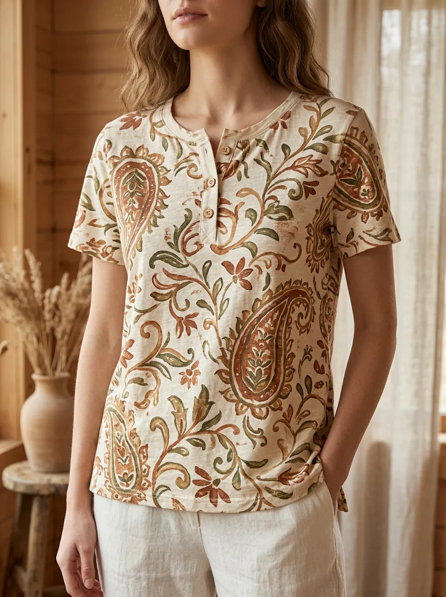 Women's Modern Boho Paisley Floral Henley T-Shirt