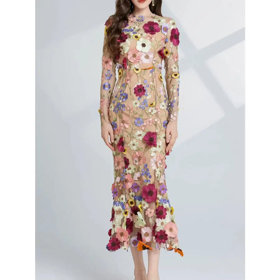 Embroidered Mesh Long Sleeve Midi Dress