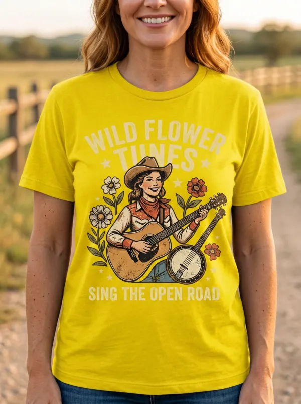 Banjo Guitar Cowgirl Country Music Crewneck T-Shirt