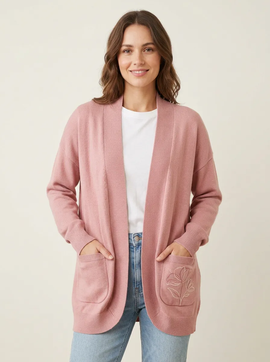 Pink Casual Floral Minimalist Embroidered Open-Front Cardigan