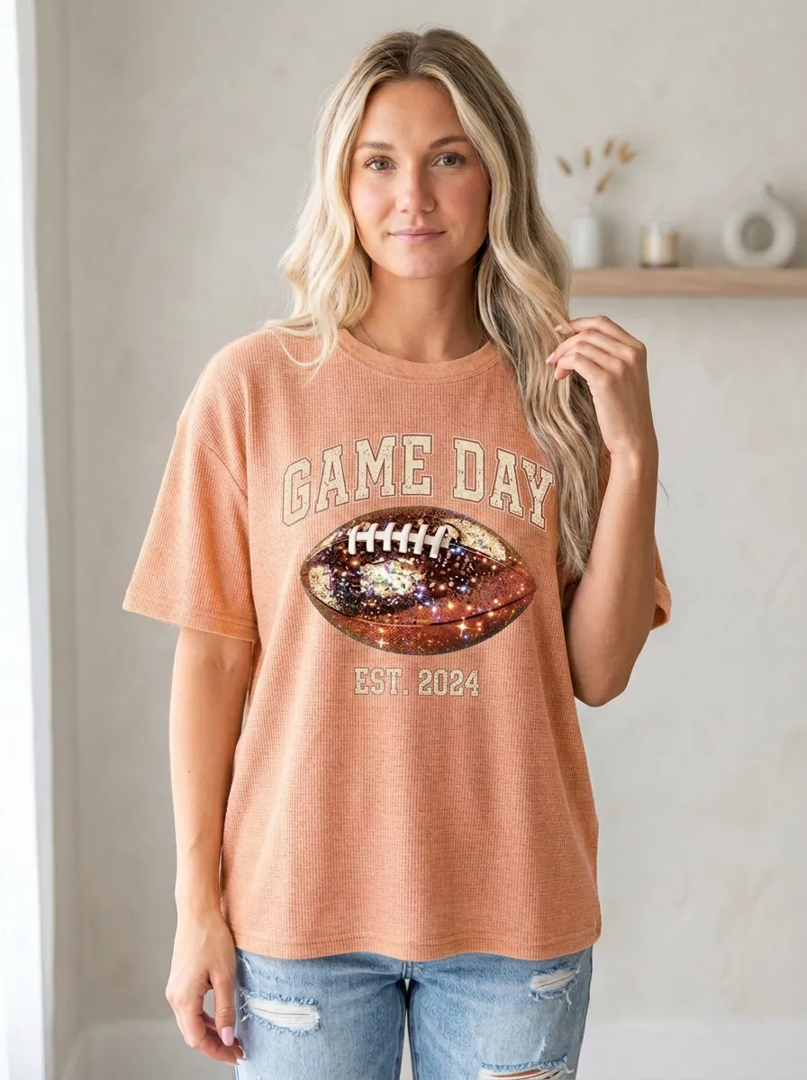 Women's Iconic Inspired Football Ball Sparkle Crew Neck Graphic T-Shirt
