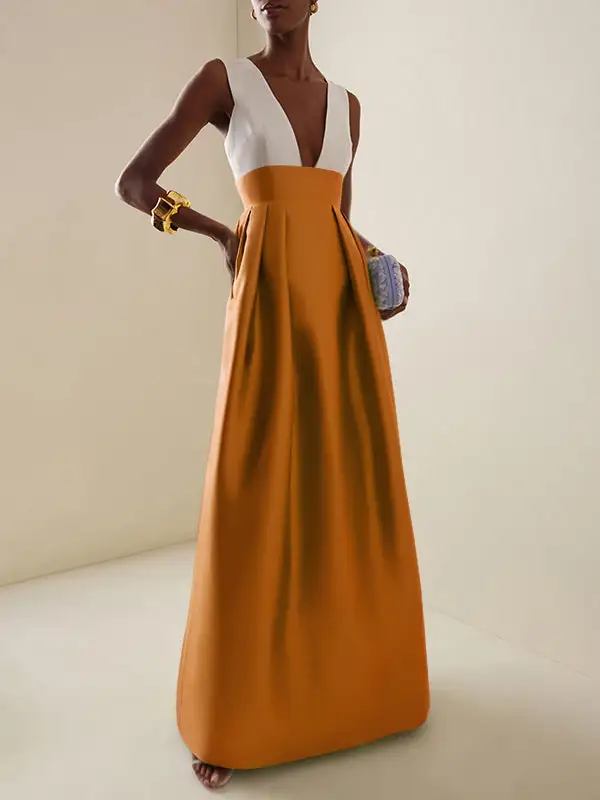 Deep Pleated Neck Maxi Dress