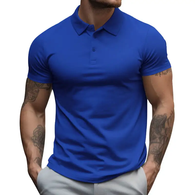 Men's Athletic Fitted Pique Polo Shirt Short-sleeved With Hidden Button Placket