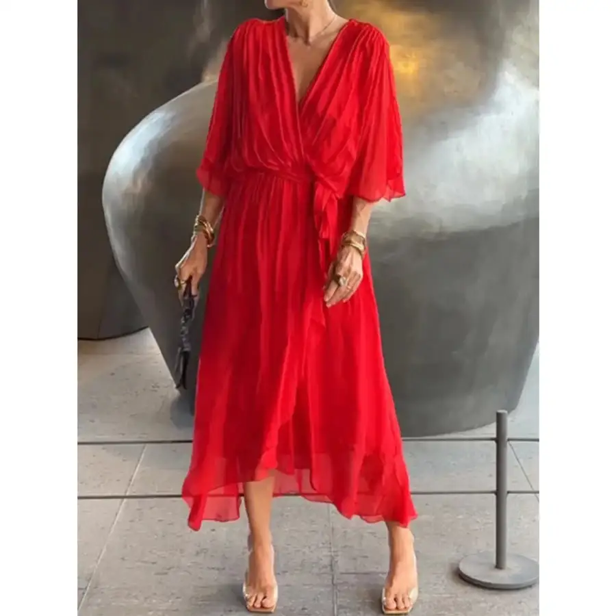 Full Size Flowy Tie Front Midi Dress with Flutter Sleeves Plus Size