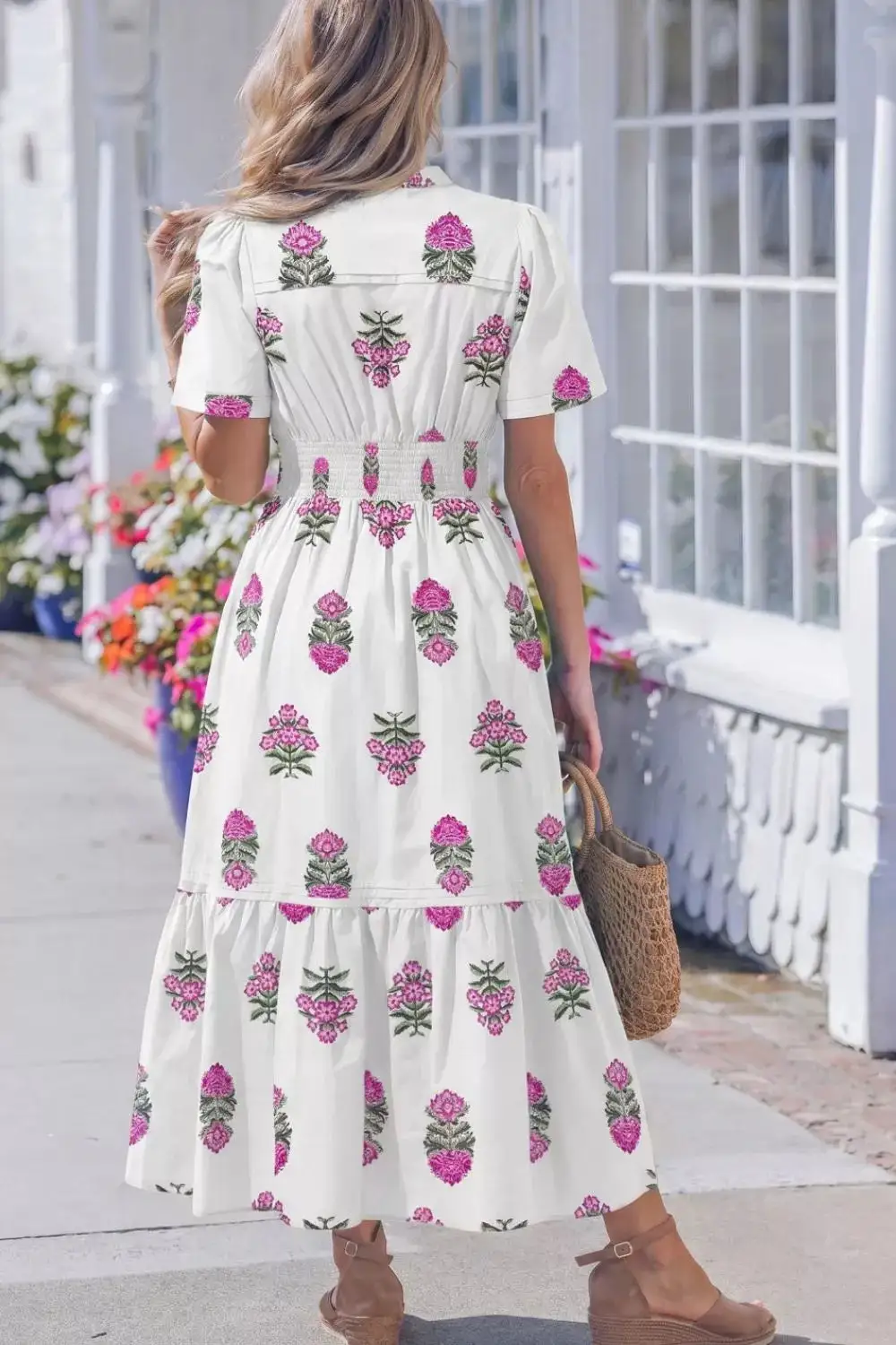 Split Neck Shirred High Waist Ruffle Hem Midi Dress