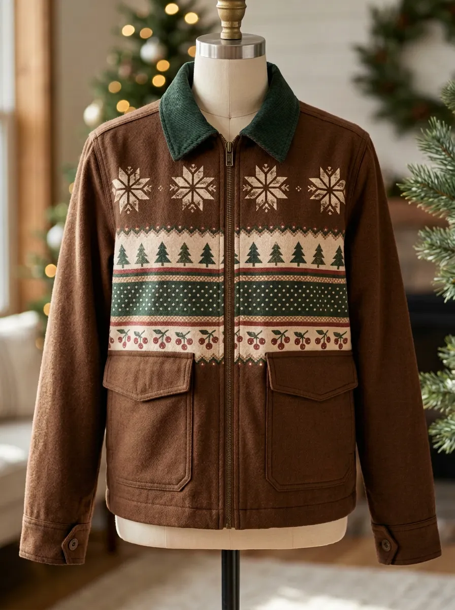 Unisex Christmas Snowflake Tree Cherry Print Zip-up Jacket