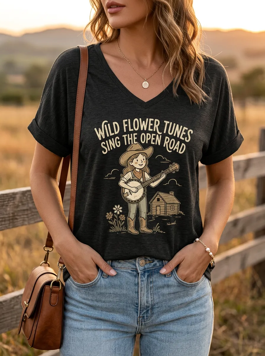 Nashville-Inspired Banjo Cowgirl Country Music Graphic T-Shirt