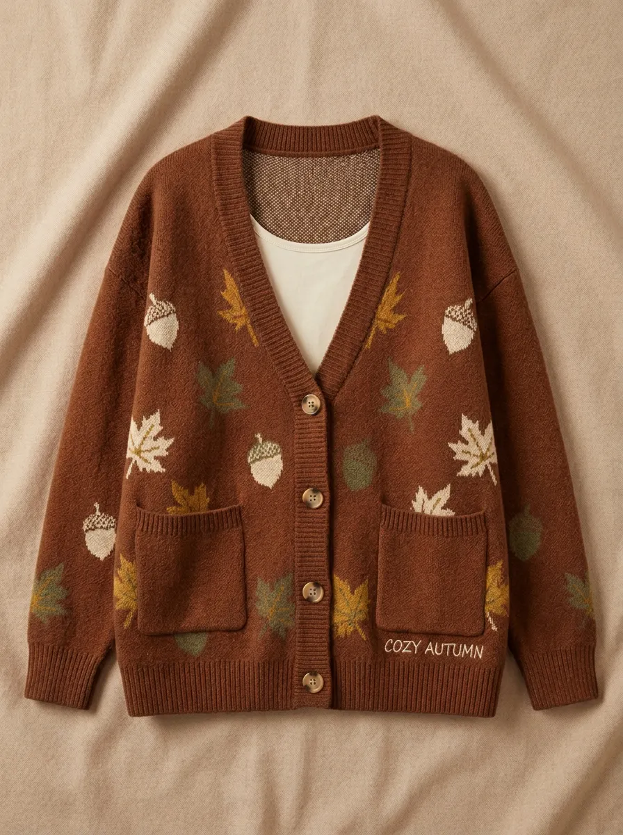 Botanical Acorn Maple Leaf Patterned Women's Knit Cardigan