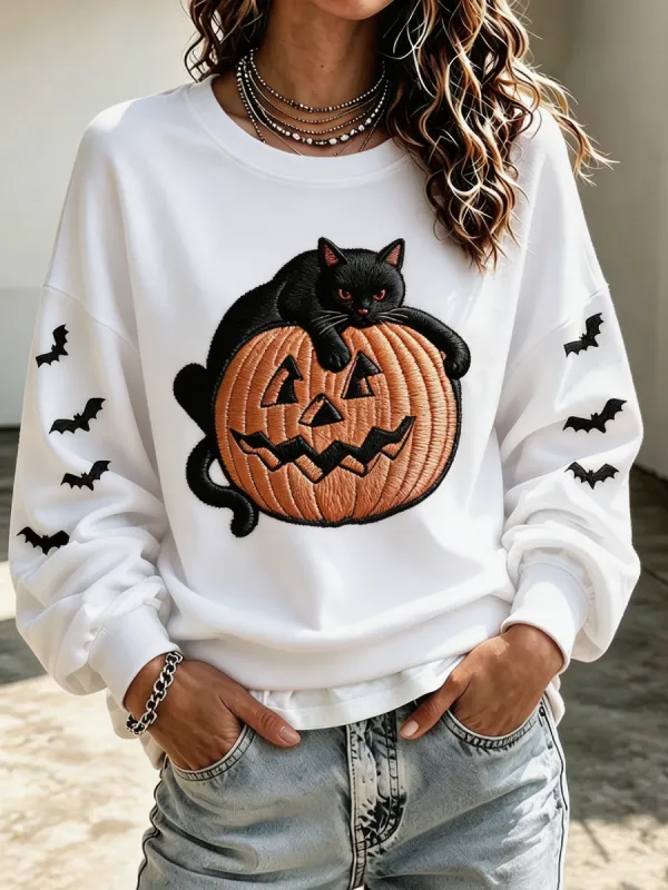 Women'S Casual Crew Neck Halloween (Pumpkin) Cat Print Sweatshirt