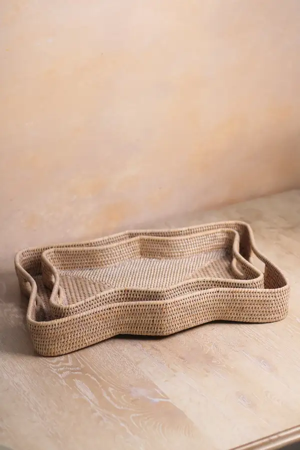 Scalloped Rectangular Washed Rattan Tray