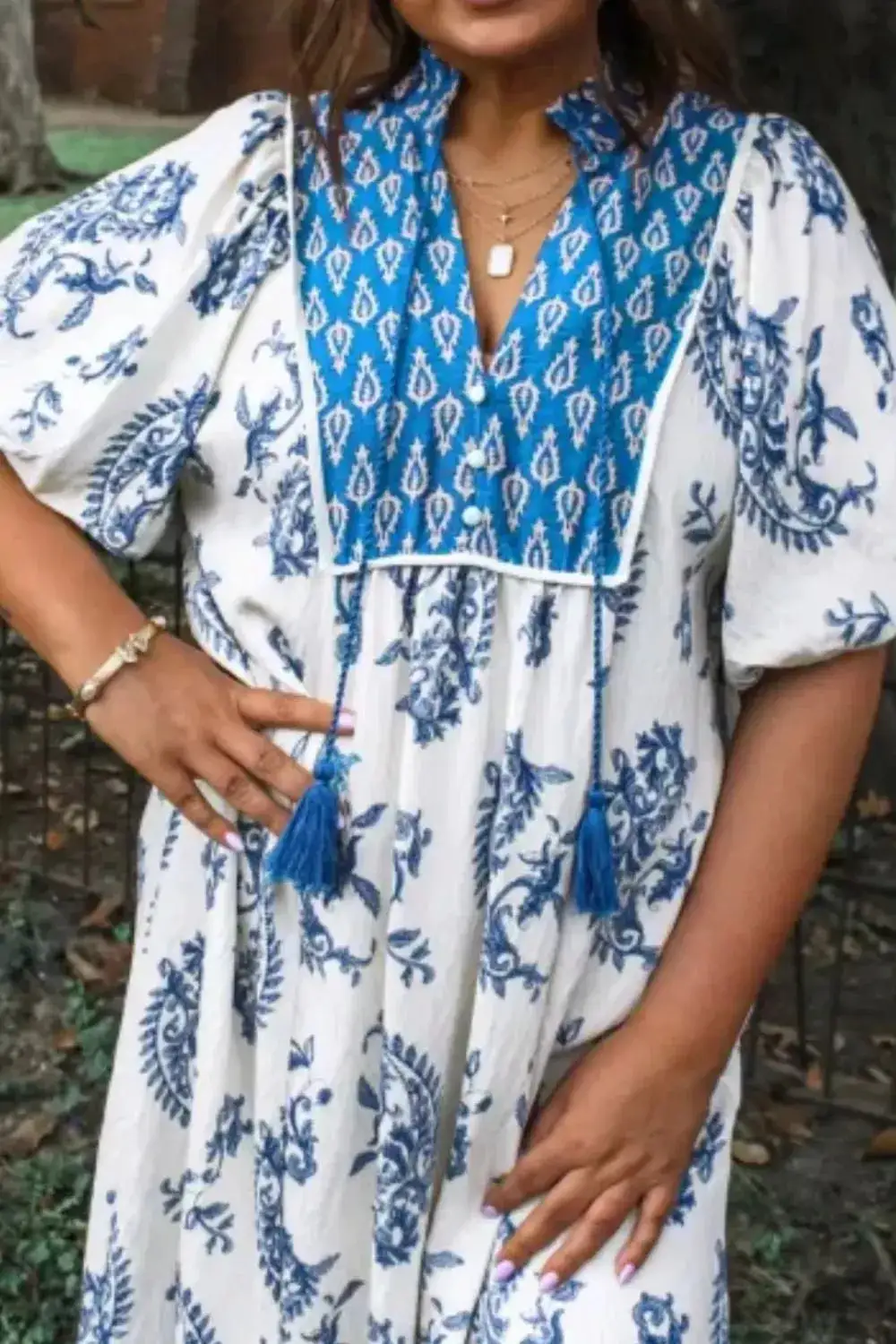 Contrast Boho Patchwork V Neck Loose Midi Dress