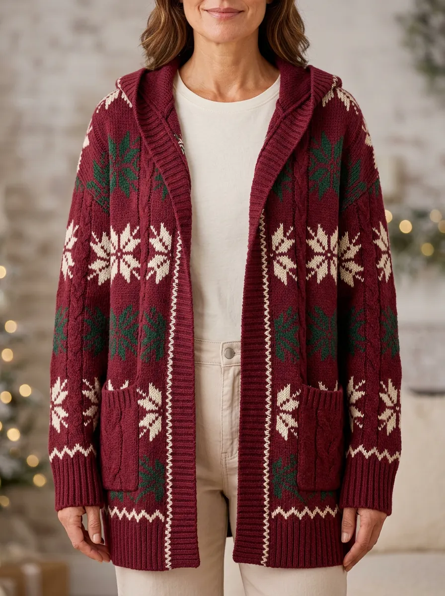 Festive Christmas Snowflake Pattern Knit Hooded Cardigan
