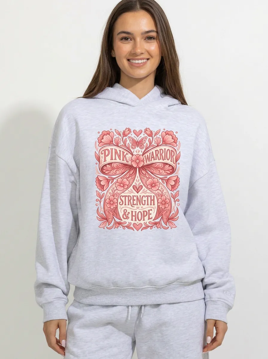 Women's Breast Cancer Awareness Pink Warrior Bow Floral Printed Hoodie
