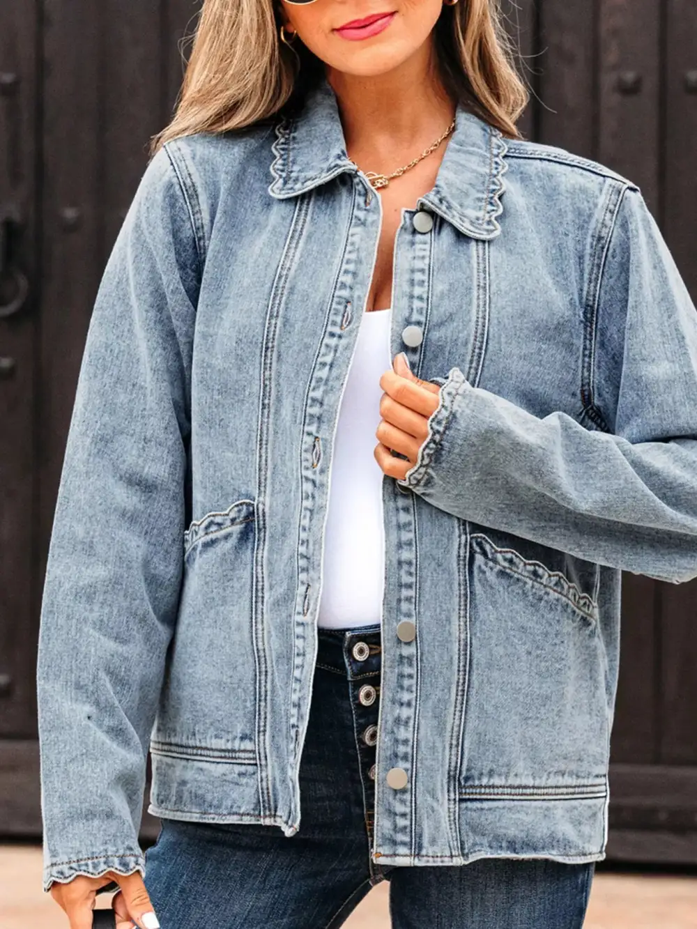 Scallop Trim Collar Patched Pocket Button Up Jacket