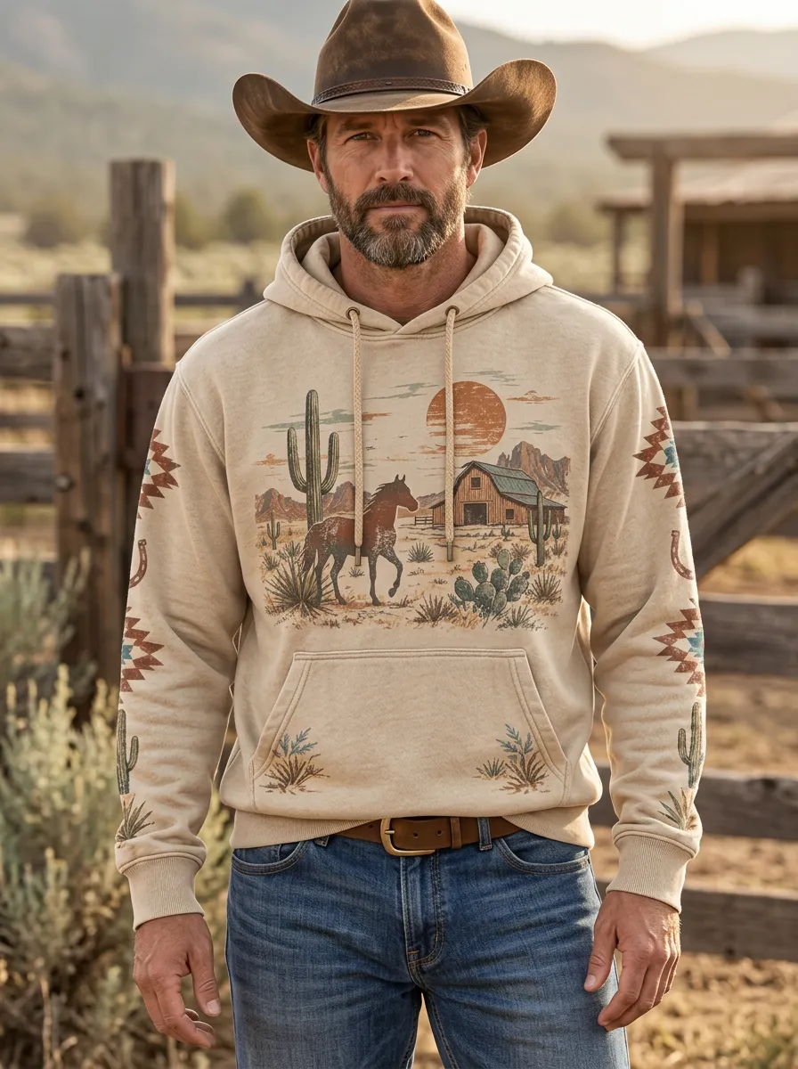 Men's Ranch Inspired Western Cowboy Horse Desert Graphic Hoodie