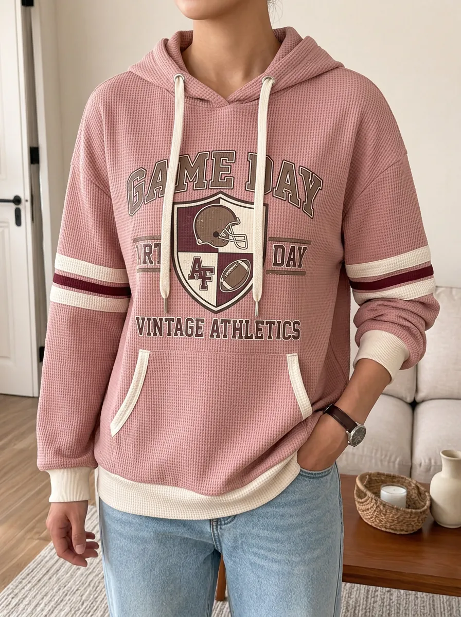 Women's Football Game Day Vintage Athletics Printed Waffle Hoodie