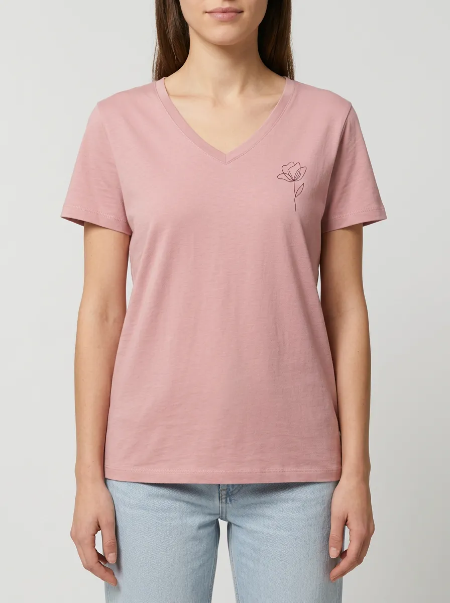 Women's Minimalist Floral Lover Pink Line Art Printed V-neck T-shirt