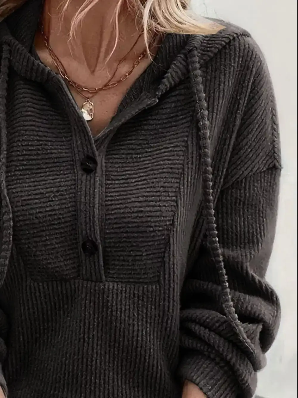 Drawstring Buttoned Pocketed Hoodie
