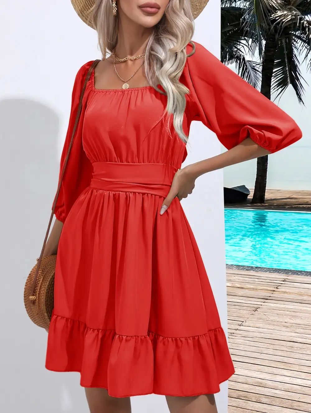Square Neckline Ruffled Tie Up Mini Dress