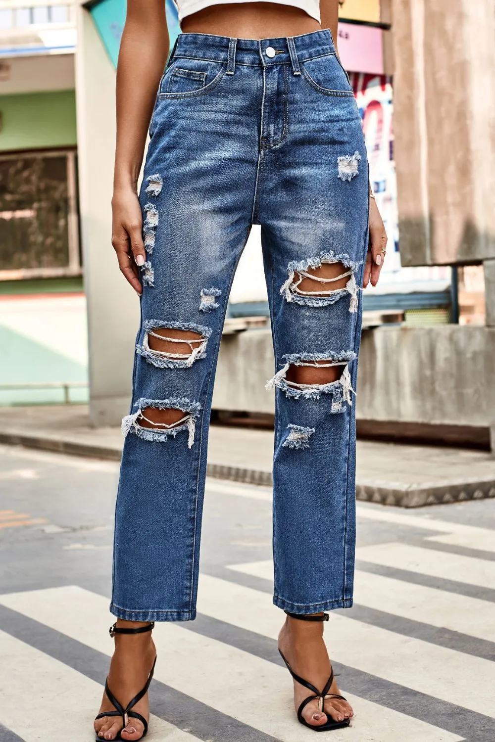 Distressed Buttoned Pocket Denim Jeans
