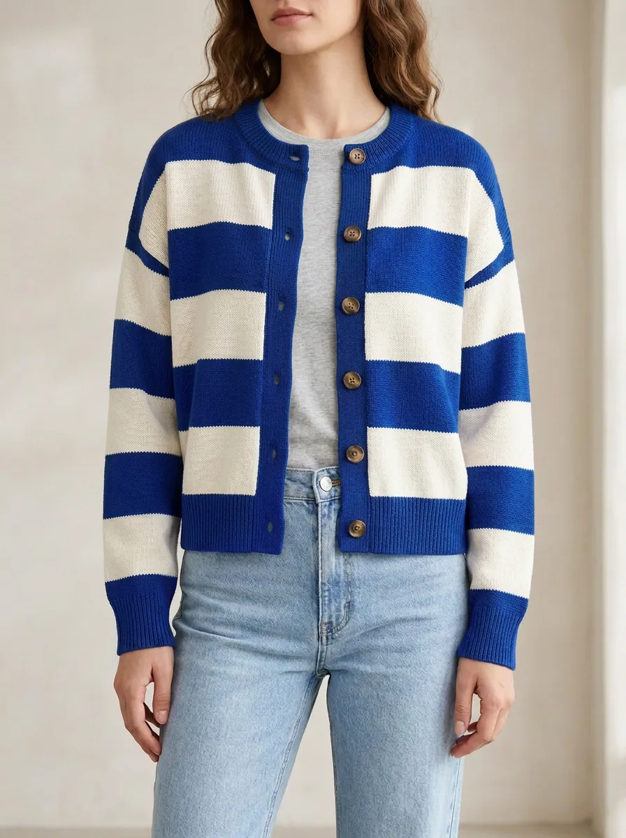 Rugby Striped Button Front Knit Cardigan