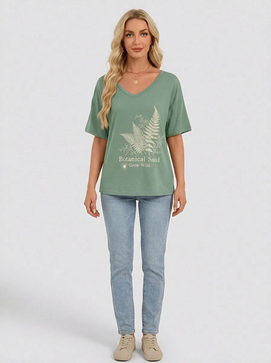 Women's Botanical Soul Fern Leaf Printed V-Neck T-Shirt
