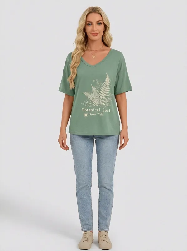 Women's Botanical Soul Fern Leaf Printed V-Neck T-Shirt