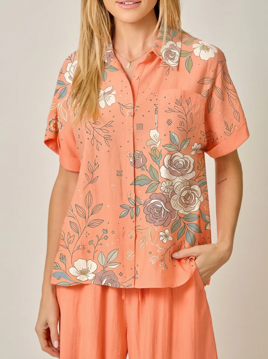 Women's Floral Lover Peach Rose Printed Button-up Shirt