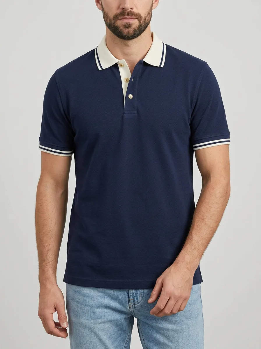 Men's Classic Knit Ribbed Textured Tipped-Collar Polo Shirt