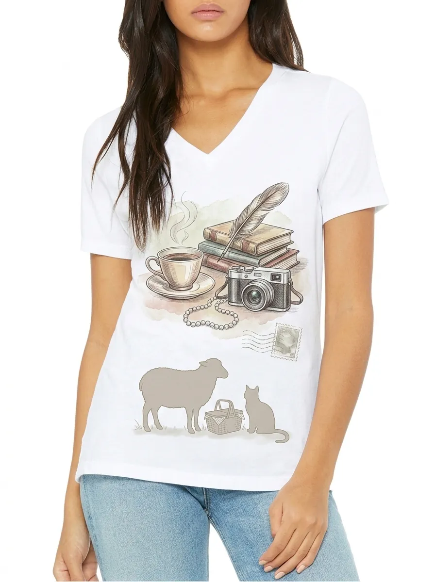 Women's Vintage Hobby Lover Books Camera Sheep Cat Printed V-neck T-shirt