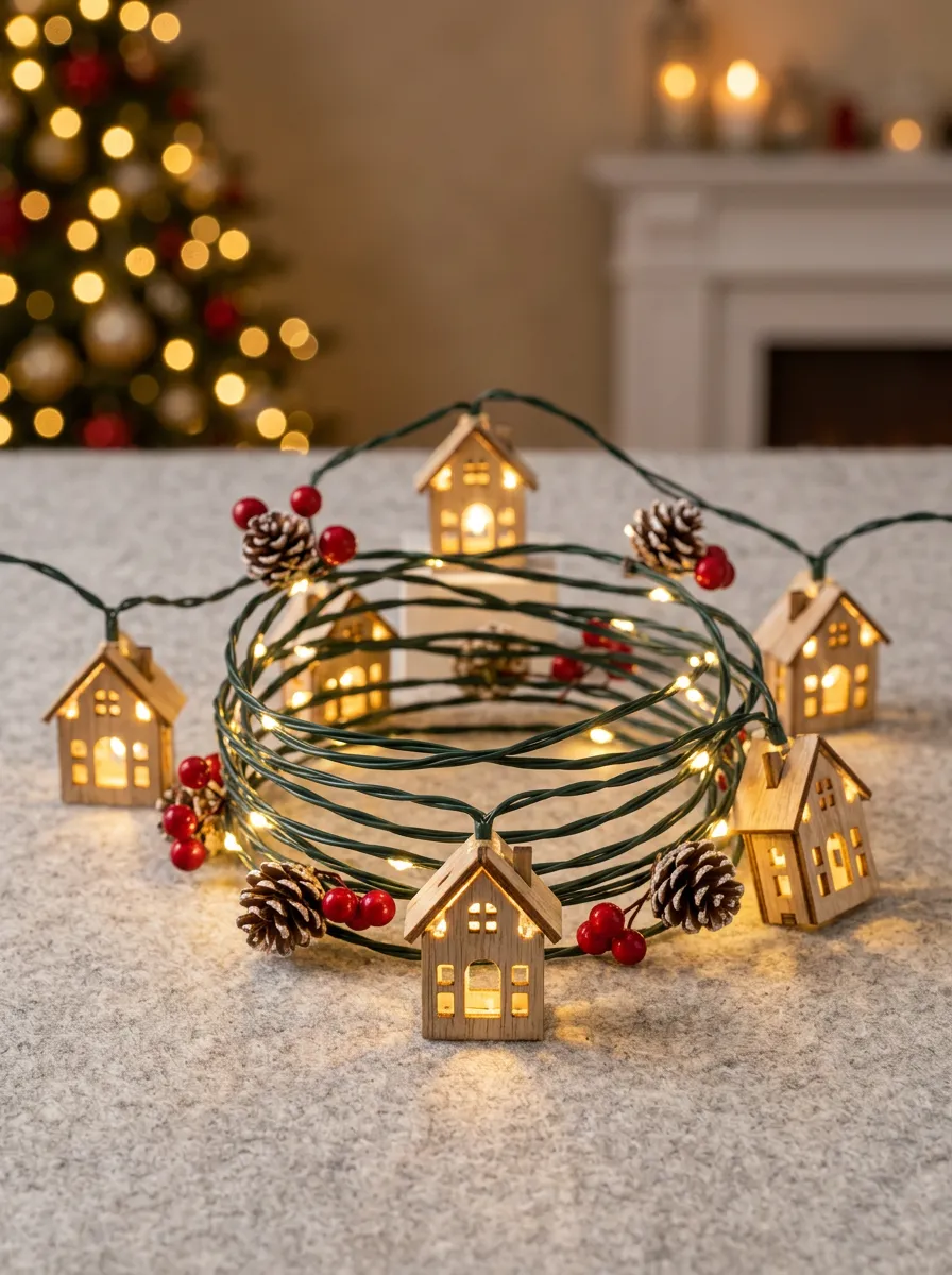 Classic Wooden House Pinecone Berry Christmas LED String Lights