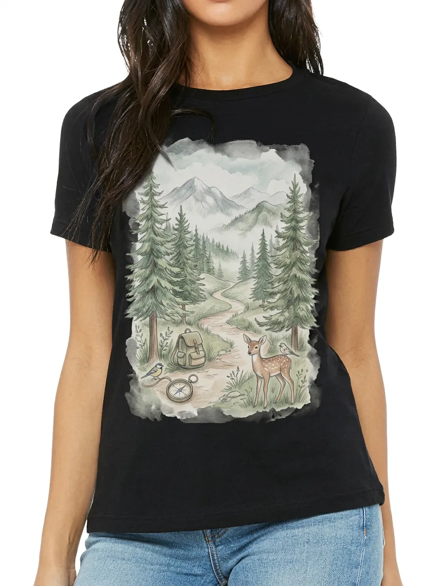 Women's Nature Hiking Deer Mountain Compass Printed T-shirt