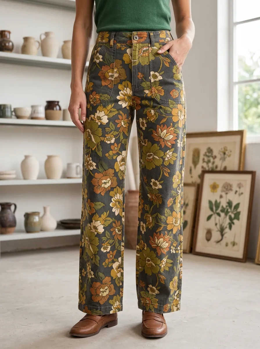 Women's Relaxed Vintage Floral Botanical Printed Wide Leg Pants