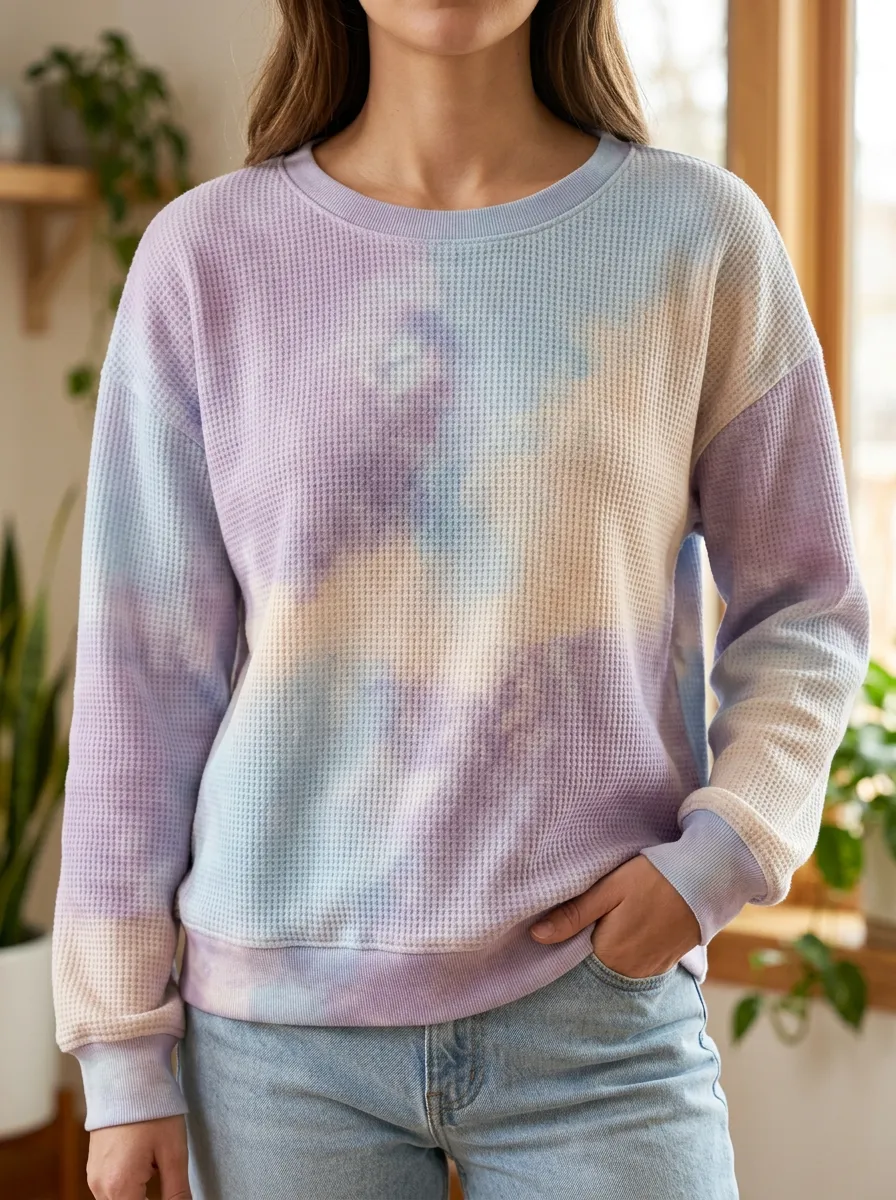 Women's Pastel Tie Dye Weekend Waffle Knit Crewneck Sweatshirt