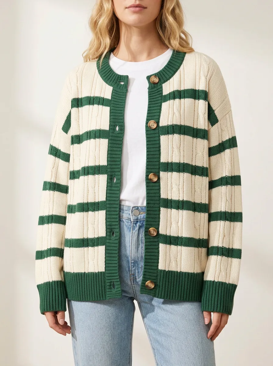 Cable Knit Rugby Striped Cable Knit Cardigan
