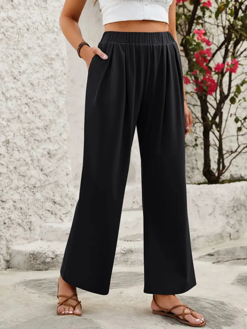 Wide Leg Elastic Waist Pocketed Everyday Pants
