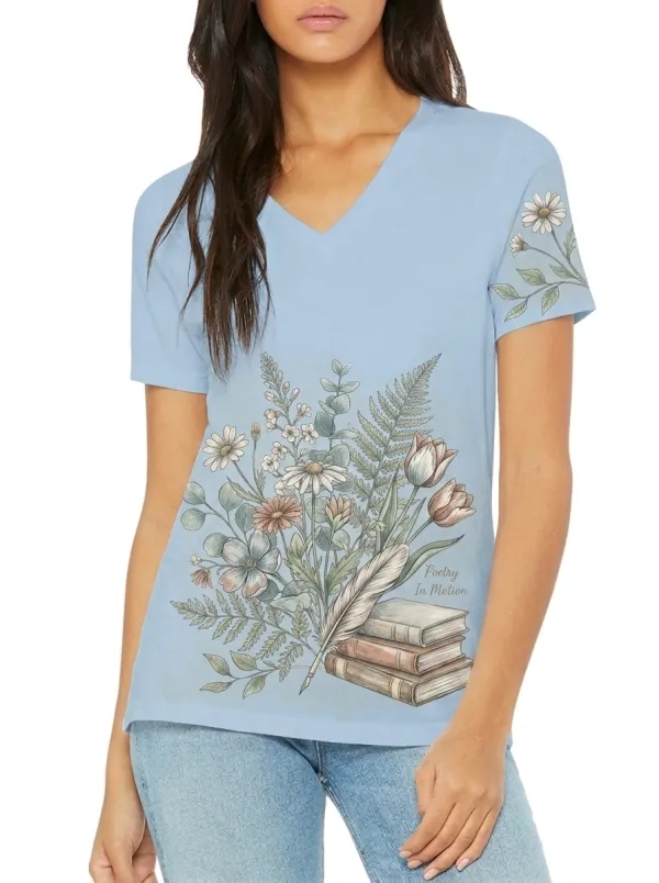 Women's Book Lover Poetry Floral Feather Printed V-neck T-shirt