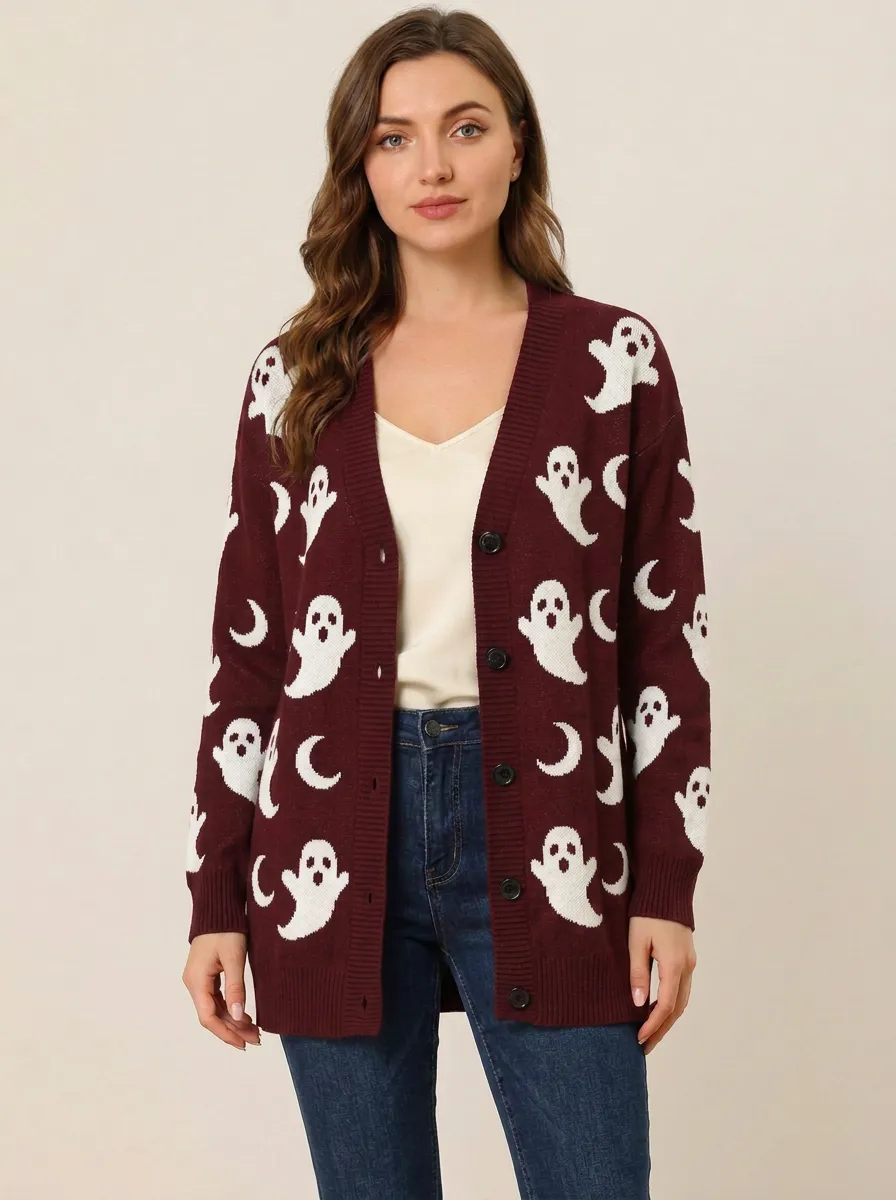 Women's Halloween Ghost and Moon Patterned Knitted Cardigan