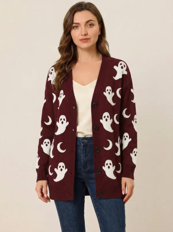 Women's Halloween Ghost and Moon Patterned Knitted Cardigan