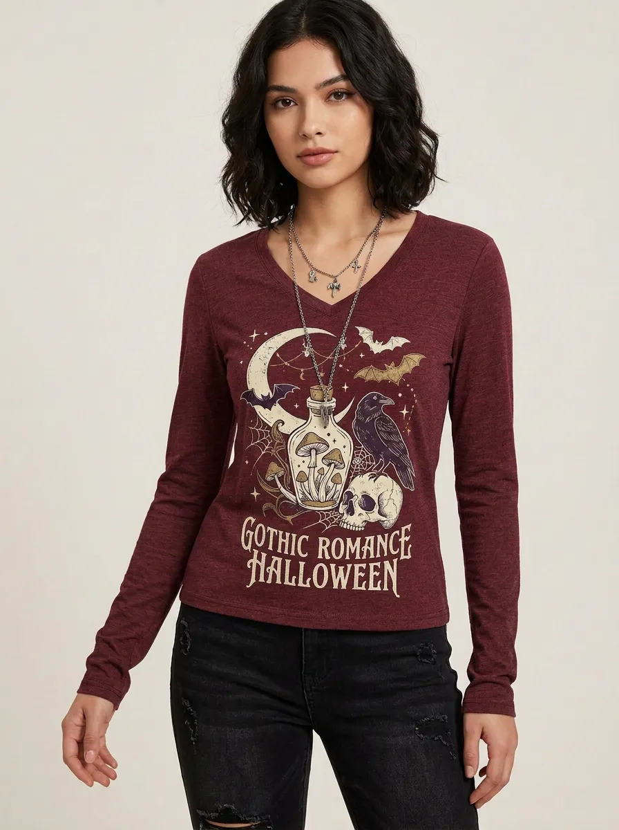 Women's Halloween Gothic Romance Skull Raven Moon Printed Long Sleeve Top